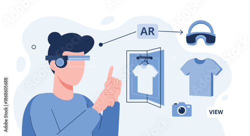 Augmented reality in retail concept with a man using AR glasses to virtually try on clothes from an online store at home.