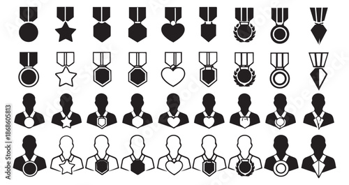 Modern award medal icon set featuring various medal shapes and silhouettes of people wearing them for recognition
