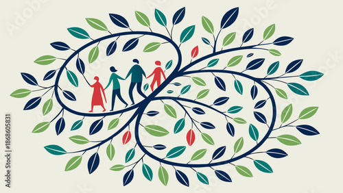A stylized illustration of an infinity symbol made of leafy branches, with a family of four holding hands inside one loop, representing connection and growth.