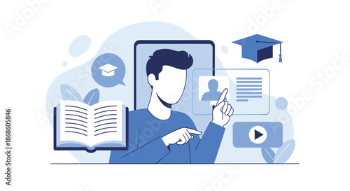 Mobile e-learning concept showing a student accessing online courses and educational materials through a digital tablet device.