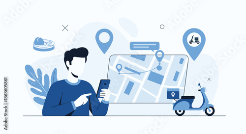 Food delivery service application concept with a man using a smartphone to track his order on a map with a scooter icon.