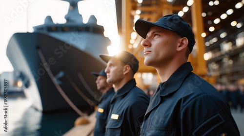 A new patrol vessel being christened at a naval dockyard, sailors standing at attention as the bow hits the water — ceremonial ship launch, maritime tradition, and naval engineering excellence.