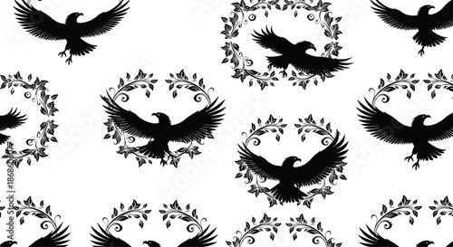 Seamless pattern featuring powerful black eagle silhouettes, some flying and others framed by decorative circular wreaths.