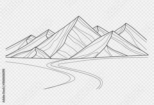 Serene mountain landscape with winding path through hills and peaks