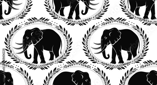 Seamless pattern with majestic black elephant silhouettes standing inside decorative circular leafy wreaths on a white background.