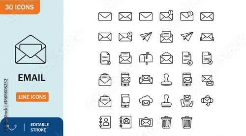 Set of 30 email line icons for communication and messaging applications, editable stroke
