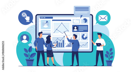 Business team analyzing data and performance metrics on a large digital dashboard during a collaborative strategy meeting.