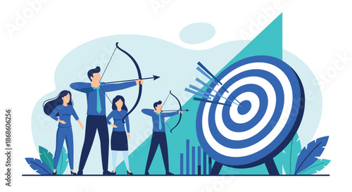 Business team collaboration concept showing professionals with bows and arrows working together to hit a large target goal.