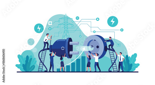 Teamwork and connection concept with business people working together to plug in a giant electrical cord for power.