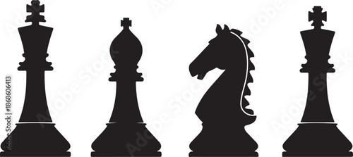 Silhouette of four chess pieces including two kings a bishop and a knight on a white background