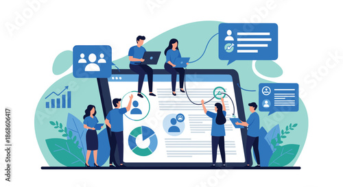 Human resources and team management concept showing a group of people organizing employee profiles on a large digital platform.