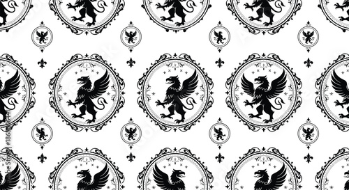 Classic seamless pattern featuring majestic black heraldic griffins standing within ornate vintage frames on white paper.