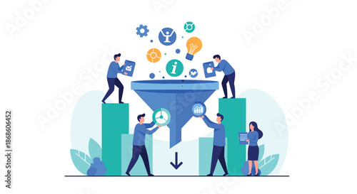 Data processing and lead generation concept with a business team collecting and filtering information through a large funnel.