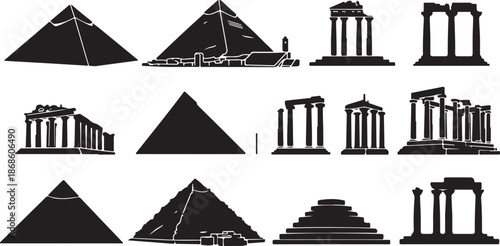 Silhouettes of Ancient Egyptian Pyramids and Greek Temples on White Background vector illustration