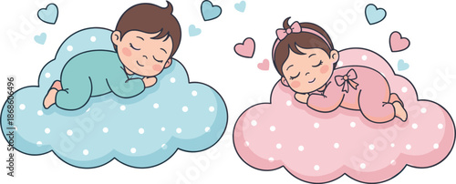 Cute sleeping baby boy and girl on clouds with hearts nursery cartoon vector illustration design