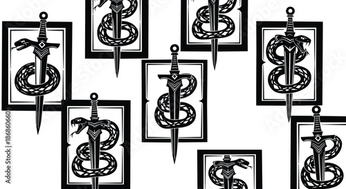 Seamless pattern featuring black silhouettes of snakes coiling around daggers, set within simple rectangular frames.
