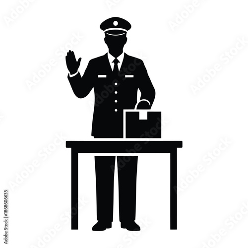 Black silhouette of a man in uniform with a cap raising his hand and a box on a table vector