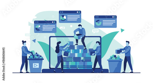 Data management and organization concept showing a team sorting information, filing digital content, and deleting trash.