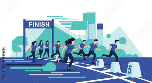 Business competition concept with two teams of employees racing against each other to reach the finish line first.