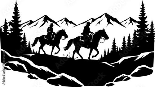 Western Cowboys Riding Horses Through Snowy Mountain Valley