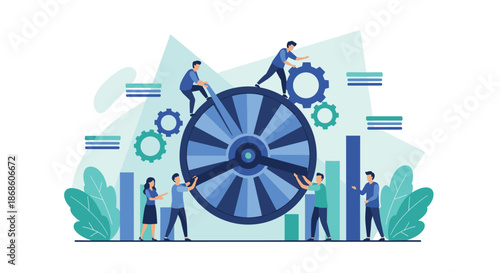 Time management and productivity concept with a business team collaborating to adjust the hands of a large clock mechanism.