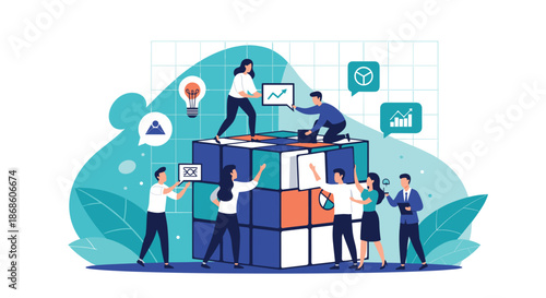 Teamwork and problem-solving concept with a diverse group of people collaborating to assemble a large colorful puzzle cube.