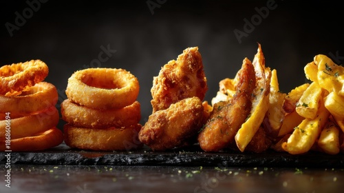 Crispy onion rings, fried chicken, potato wedges, and seasoned fries on slate platter. © mila103