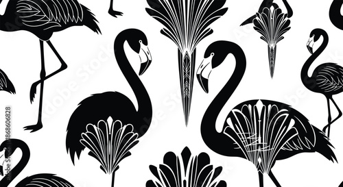 Art deco style seamless pattern with elegant black flamingo silhouettes and stylized tropical floral elements on white.