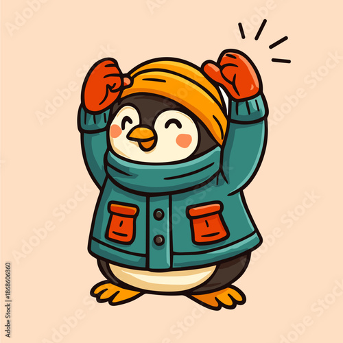Cheerful penguin wearing a winter outfit raises its mittens