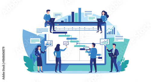 Project management and scheduling concept with a business team collaborating on a large Gantt chart to plan tasks.