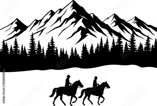 Western Cowboys Riding Horses Through Snowy Mountain Valley
