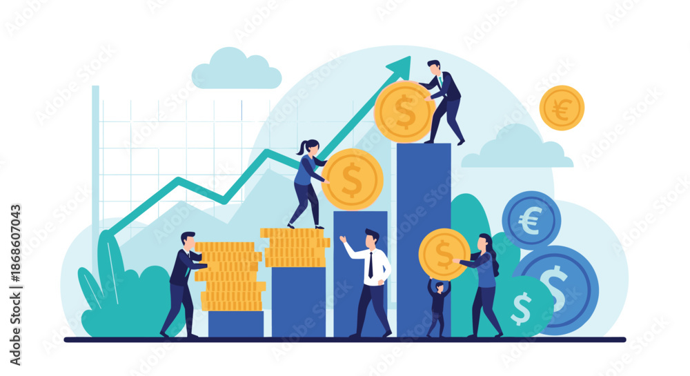 Fototapeta premium Business team collaborating to stack gold coins onto a growing bar chart, illustrating financial growth, investment success, and profit generation.