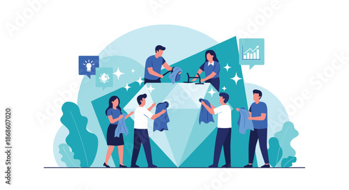 Team of diligent professionals meticulously cleaning and polishing a large diamond, symbolizing the refinement of quality, value, and core business principles.