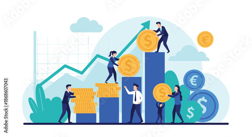 Business team collaborating to stack gold coins onto a growing bar chart, illustrating financial growth, investment success, and profit generation.