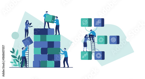 Two scenes showing collaborative teamwork, with one team building a tall structure with blocks and another organizing a flowchart for project management.