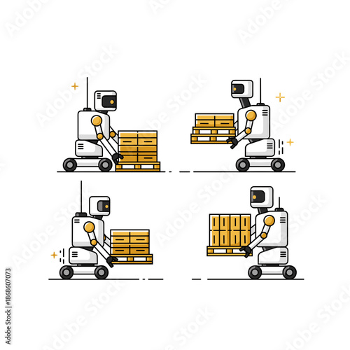 automated warehouse robots moving wooden pallets with gold highlights for futuristic logistics blogs, smart industry websites, technology presentations and gift cards, with copy space