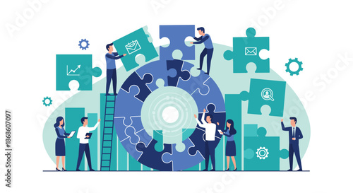 Diverse business team collaborates to assemble a large circular jigsaw puzzle, symbolizing teamwork, problem-solving, and finding a complete solution.