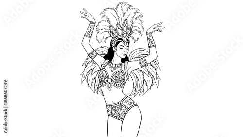 Woman wearing an elaborate Carnival costume, dancing samba, feathers, gemstones and glitter, highly detailed vector illustration, smooth lines, dynamic pose, editorial style, neutral background
