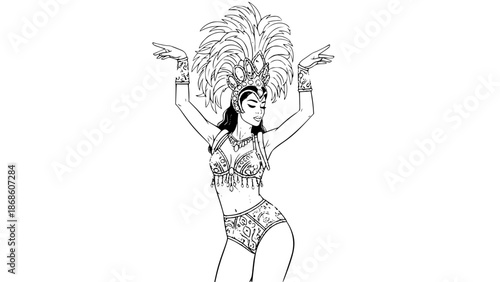 Woman wearing an elaborate Carnival costume, dancing samba, feathers, gemstones and glitter, highly detailed vector illustration, smooth lines, dynamic pose, editorial style, neutral background