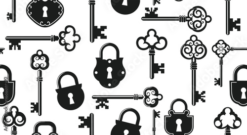 Seamless black and white pattern of vintage and antique keys and padlocks, creating a classic and decorative background for themes of security or mystery.