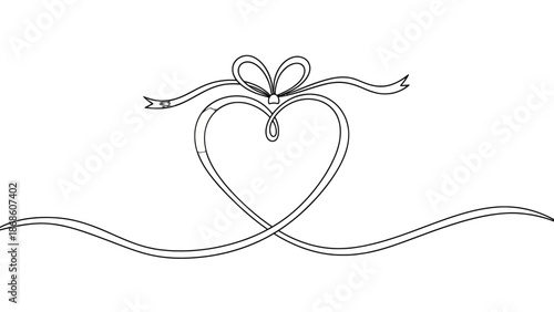 Elegant one line art drawing of a heart shape with a bow, symbolizing continuous love and connection, isolated white background.