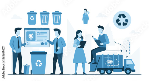 Team organizing a waste management and recycling process, with people sorting trash into bins and a garbage truck for collection, promoting sustainability.