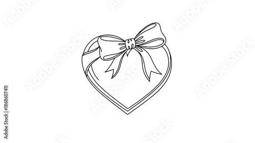 Simple line art drawing of a heart-shaped gift box tied with a decorative bow, symbolizing love and presents, isolated white background.