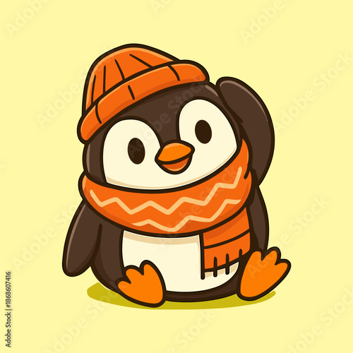 Charming cartoon penguin wearing a hat and scarf smiling