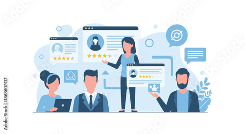 Human resources concept with managers reviewing candidate profiles and customer feedback, focusing on recruitment, employee performance, and client satisfaction ratings.
