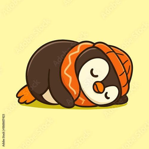 Cartoon penguin with a scarf sleeps peacefully indoors.