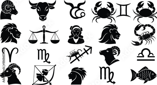 Collection of black zodiac sign icons and symbols, including Aries, Taurus, Gemini, and others, isolated on a white background for astrological designs.