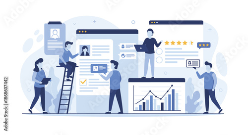 Human resources department team working on recruitment, analyzing candidate profiles, reviewing resumes, and checking performance data for hiring decisions.