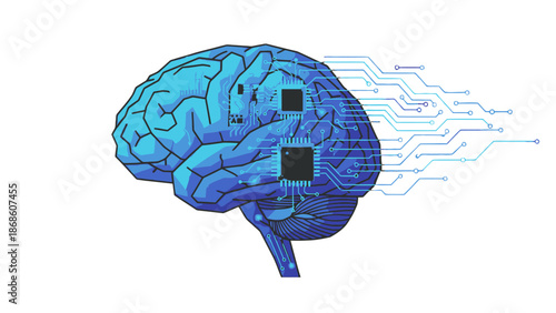 Blue Human Brain with Integrated Circuit Board and Digital Network Lines Illustrating Advanced Artificial Intelligence and Neurocomputing on Isolated White Background