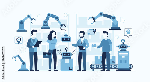 Business people overseeing an automated warehouse with robotic arms, conveyor belts, and androids managing inventory, logistics, and package delivery processes.